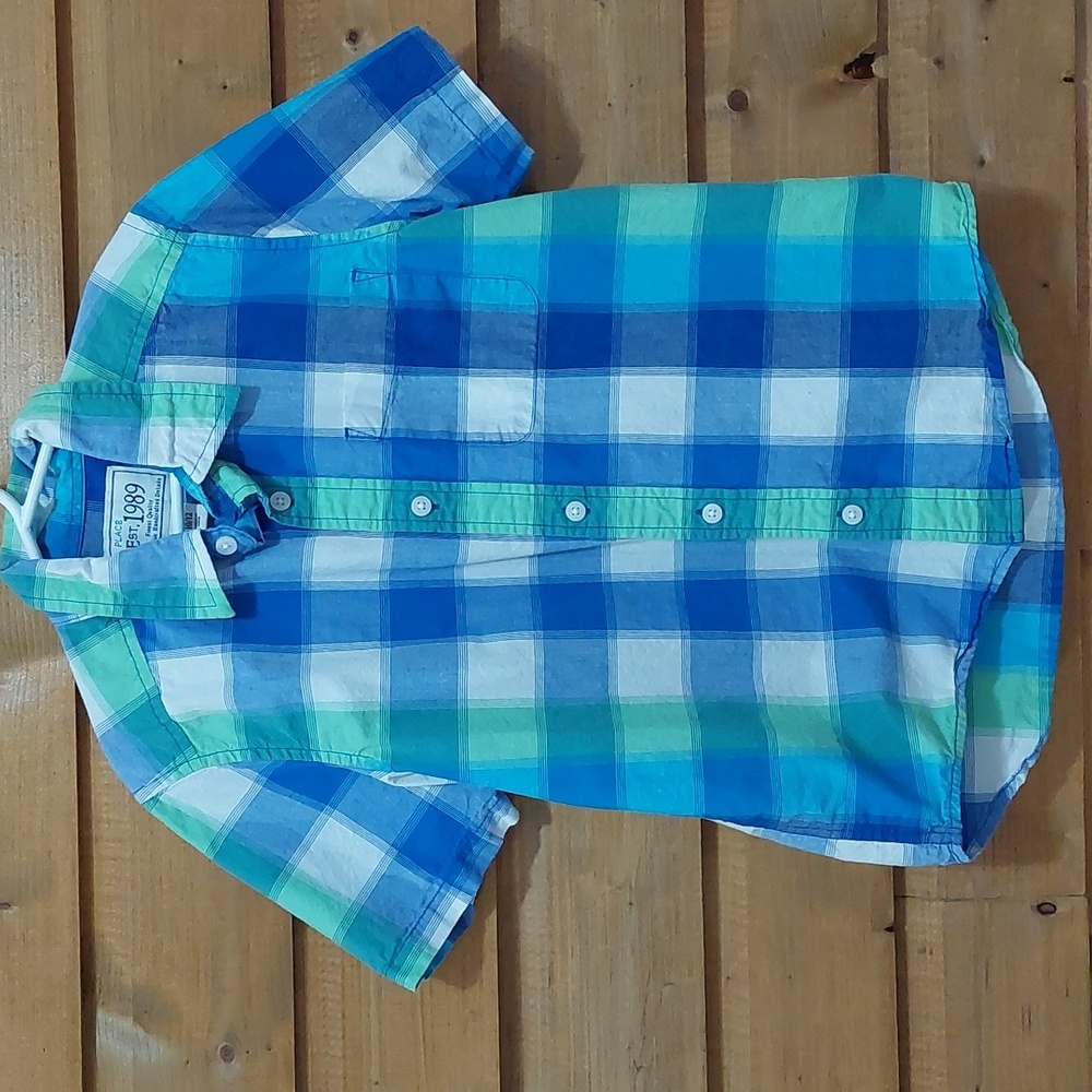 Kids Place button down blue green plaid shirt Large